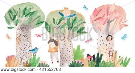 Children play in the tree. Hand drawn forest. Park view. Horizontal repeating border. Cute watercolor illustration. 