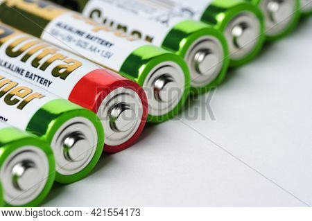 Moscow, Russia - January 04, 2016: Used Alkaline Batteries Aa Size Format With Green Top And One Wit