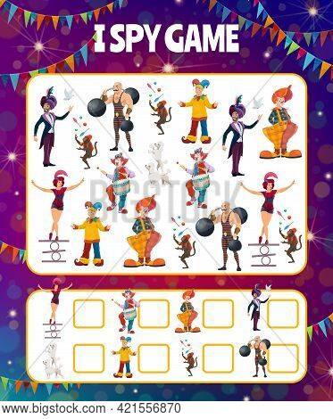 Kids I Spy Game Shapito Circus Performers, How Much Big Top Artists On Worksheet. Vector Riddle With