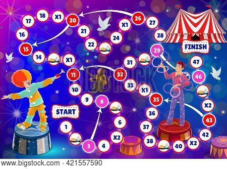 Shapito Circus Kids Boardgame, Vector Step Game Help Artists Reach Big Top Tent. Children Test With 