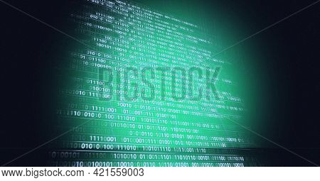 Composition of binary coding processing ove computer circuit board. global technology, data processing and connections concept digitally generated image.