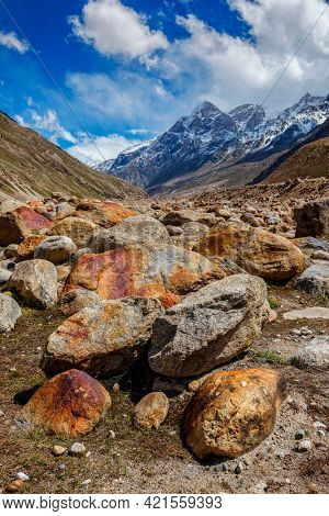 Stone boulders in Lahaul Valley in indian Himalayas. Himachal Pradesh, India India