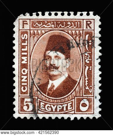 ZAGREB, CROATIA - SEPTEMBER 18, 2014: Stamp printed in Egypt shows King Farouk (1920-1965), circa 1946