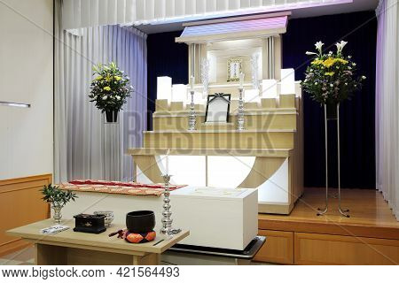 Kagawa, Japan - May 18, 2021 : The Funeral Of Sadae Yokoyama, Style Of A Japanese Small General Fune