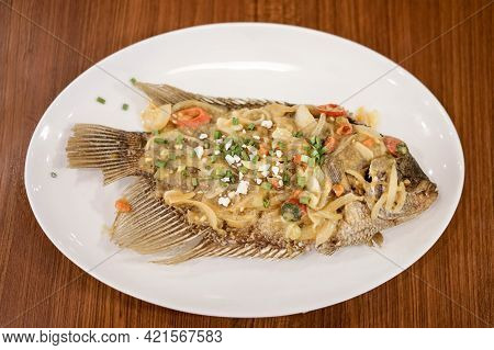 Spicy Gourami Fish Salted Egg, Asian Dish Cuisine Culinary
