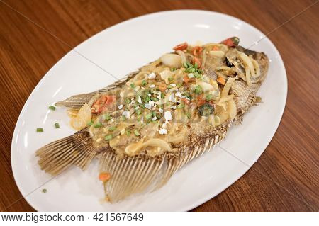 Spicy Gourami Fish Salted Egg, Asian Dish Cuisine Culinary