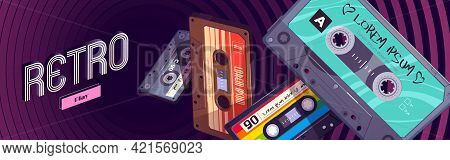 Retro Mixtapes Cartoon Web Banner With Audio Mix Tapes Falling Into Hypnotic Pattern. Cassettes, Med