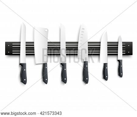 Variety Of Kitchen Knives With Black Handle On Magnetic Strip On White Background 3d Vector Illustra