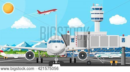 Plane Before Takeoff. Airport Control Tower, Jetway, Terminal Building And Parking Area. Internation