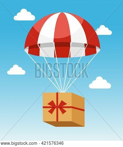 Delivery Concept - Attractive Red And White Parachute Carrying Delivery Cardboard Box On Light Blue 