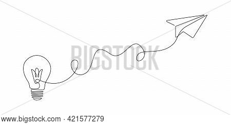 Paper Plane Flying Up Connected With Light Bulb In One Continuous Line Drawing. Airplane In Outline 