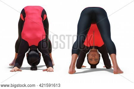 3d Illustration Of Front And Back Poses Of A Virtual Woman With Sport Outfit In Yoga Dolphin Pose Wi