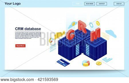 Crm Database And Server Isometric Landing Page Vector Template. Client Data, Sales Statistics Storag