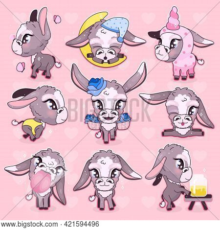 Cute Donkey Kawaii Cartoon Vector Characters Set. Adorable And Funny Mule, Burro Animal Isolated Sti