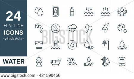 Water Line Icon Set. Drop Water Thin Linear Icon. Mineral Water, Low And High Tide, Shower, Plastic 
