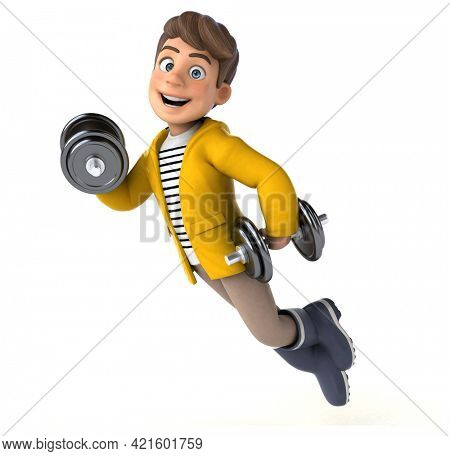 Fun 3D Illustration of a cartoon kid with rain gear