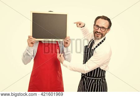 I Got It. Bearded Men With Blackboard, Copy Space. Cafe And Restaurant Opening. Menu Planning. Happy