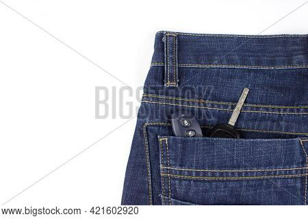 Car Keys In Back Pocket Of Jeans. Concept Of Fashion Lifystyle.