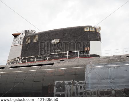 Huge Abandoned Rusty Submarine At The Museum Of Military Equipment.