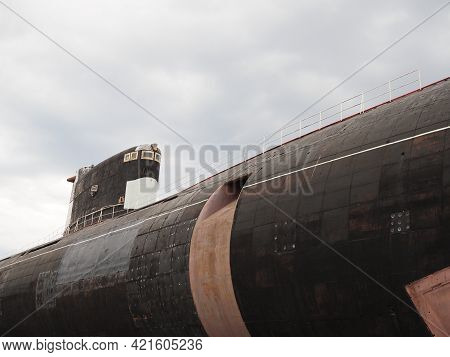 Huge Abandoned Rusty Submarine At The Museum Of Military Equipment.