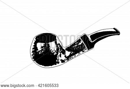 Black And White Briar Smoking Pipe On A White Background. Wooden Smoking Accessory With A Bent Shape