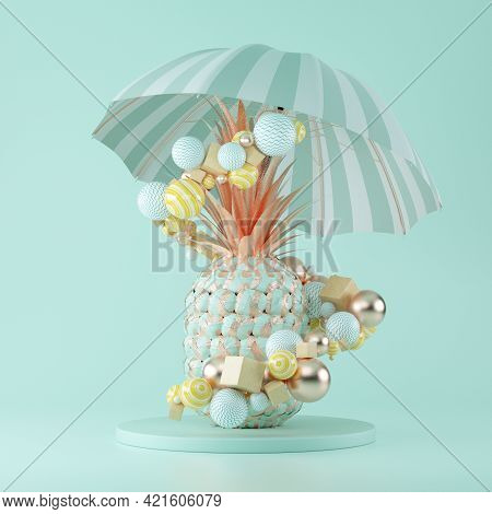 Abstract Golden Pineapple With Beach Umbrell And Geometric Shapes Objects On A Blue Background. 3d R