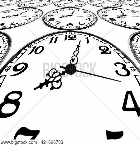 Abstract Background Made Of Watch Faces Repetitions. Deadline Stress And Time Melting Away Concept.