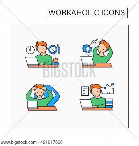 Workaholic Color Icons Set. Workaholism Prevention, Consequences. Depersonalization, Counterproducti