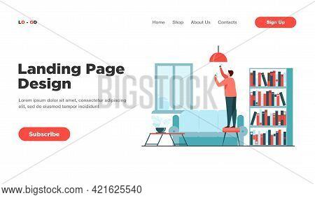 Man Inserting Light Bulbs Into Chandelier. Repair, Lighting. Flat Vector Illustration. Housekeeping 