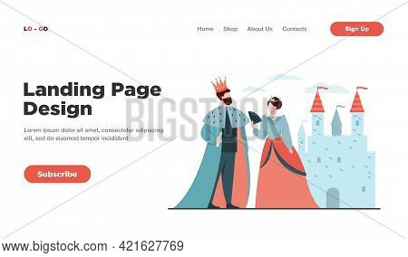 King And Queen Standing In Front Of Castle Flat Vector Illustration. Cartoon Monarchs As Symbol Of R