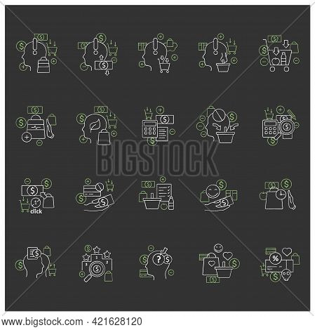 Mindful Spendings Chalk Icons Set. Conscious Buying, Conscious Consumer, Buy Less. Shopaholism, Sale