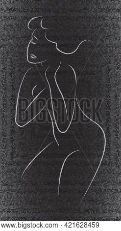 White Contour Of Half-sitting Beautiful Woman With Fluttering Hair, Hand Drawing Illustration. Dark 