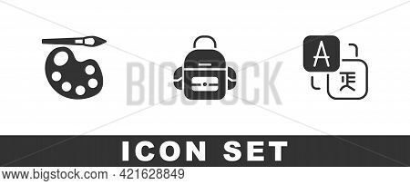 Set Paint Brush With Palette, School Backpack And Translator Icon. Vector