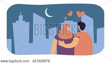 Couple In Love Admiring City At Night. Flat Vector Illustration. Man And Woman On Romantic Date, Loo