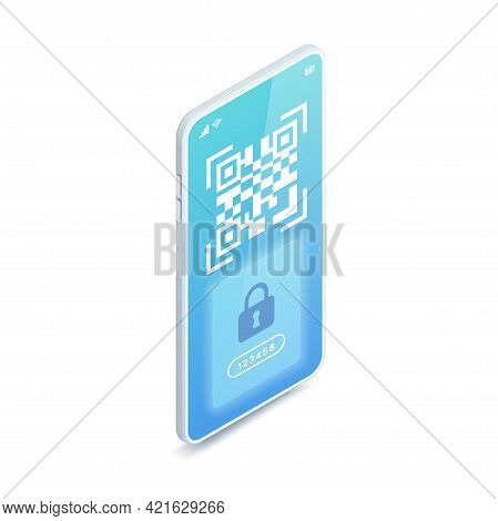 Qr Code Safe Login Isometric Concept Icon. Qr Code And Password Form On Device Screen, Smartphone Sc