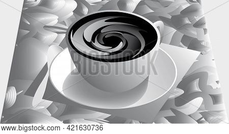Cup With Coffee, Sauser, Napkin And Spoon. Gray Vector Image