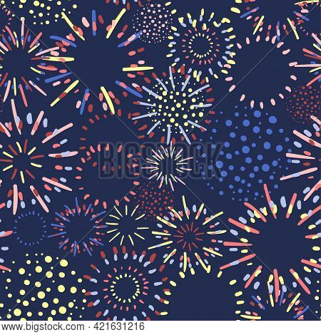 Vector Seamless Pattern With Fireworks In Variety Of Bright Colors Can Be Used For Wallpaper, Textil