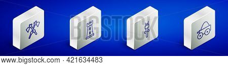 Set Isometric Line Crossed Medieval Axes, Castle Tower, Torch Flame And Wooden Four-wheel Cart Icon.