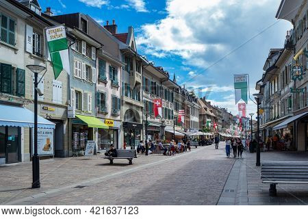Morges, Switzerland - June 19th 2020: Lively Pedestrian Zone