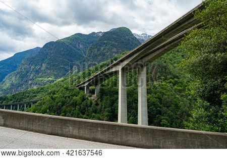 Concrete Bridge Of A Highway In The Swiss Mountains
