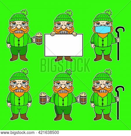 St Patrick's Dwarf Mascot Cartoon Character Illustration In Various Poses. Drinking Beer, Holding A 