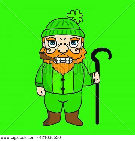 St Patrick's Dwarf Mascot Cartoon Character Illustration Holding A Stick. Suitable For Stickers Or B