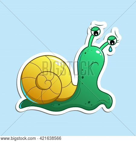 Cute Cartoon Snail With Green Body And Yellow Shell, Sad And Upset, Crying, Dropping Blue Tear. Vect