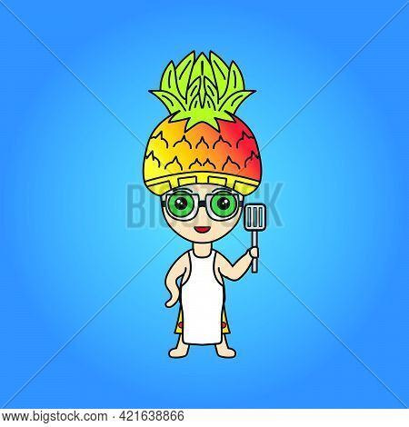 Mascot Cartoon Illustration Character Of A Cute Man With Pineapple Head Wearing A Chef Dress