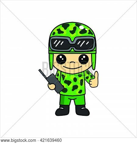 Mascot Illustration Of Cute Soldier Or Soldier Cartoon Character With Thumb And Radio