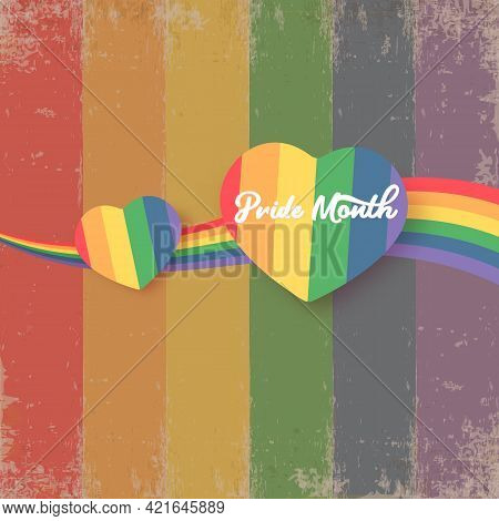 Happy Pride Month Banner With Heart And Pride Color Flag Isolated On Rainbow Lgbt Flag Background. V