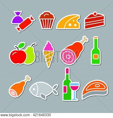 Colorful Illustration Of A Set Of Food And Grocery Stickers