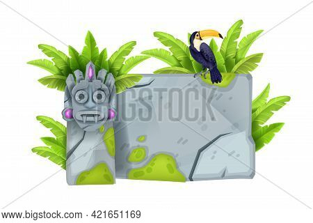 Jungle Stone Vector Sign Board, Cartoon Game Ui Rock Tablet, Granite Cracked Boulder Frame, Toucan, 