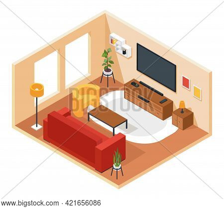 Isometric Living Room. Lounge Interior With Furniture Sofa, Chair, Tv, Coffee Table, Plant, Carpet. 