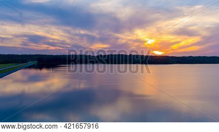 Aerial View Of Big Creek Lake In Mobile County, Alabama At Sunset In May Of 2021